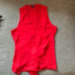 Sheer red express top with opening and bow in the back